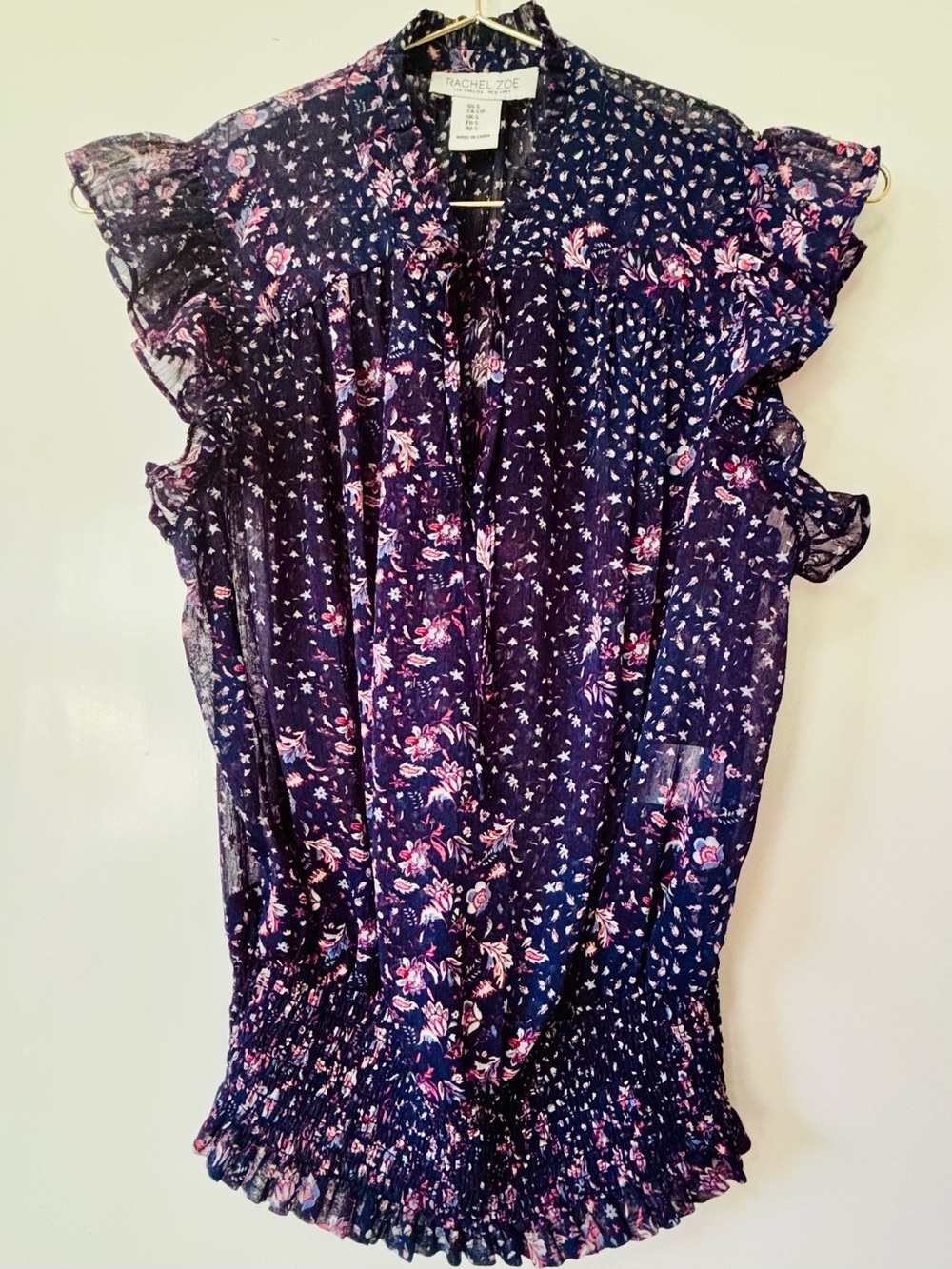Rachel Zoe| Navy Pink Semi-Sheer Floral Ruffle Sleeve Blouse w/ Elastic Hem Sz S